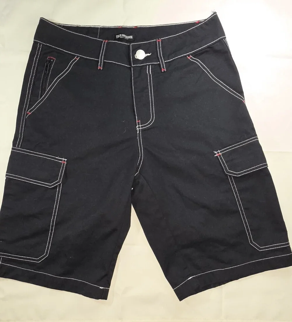 True Religion Men's Cargo Shorts Size 30  Black, White, And Red Stiching Sku 201